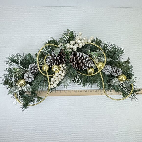Artificial Evergreen Pinecone Holiday Swag with Gold and Pearl Accents 23"x12" - Picture 6 of 7